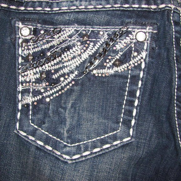 Miss Me Jeans Size 26 x 33 Easy Boot Low Rise Denim Studs chains sequins - Picture 8 of 12